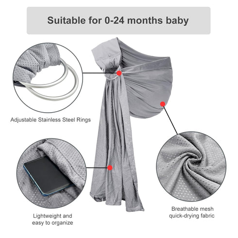 Water Ring Sling Baby Carrier, Adjustable Lightweight for Summer, Pool, Beach, Infant Wrap Carrier (Light Grey)