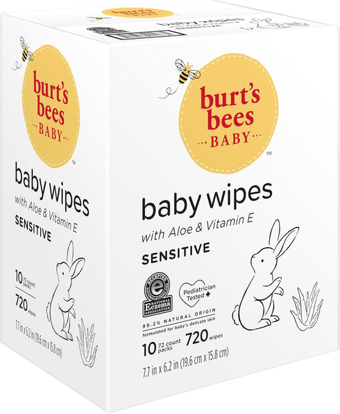 Unscented Natural Baby Wipes by Burt’s Bees - 72 Wipes in 10 Pack for Sensitive Skin with Aloe and Vitamin E