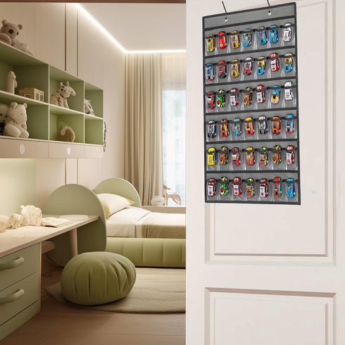 Toy Car Storage Organizer with 42 Clear Pockets for Hanging Matchbox Cars Display Case (One Side-Grey)