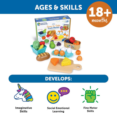 Learning Resources New Sprouts Farm-to-Table Fresh Market - Pretend Play Food for Kids, Grocery and Kitchen Play Toys