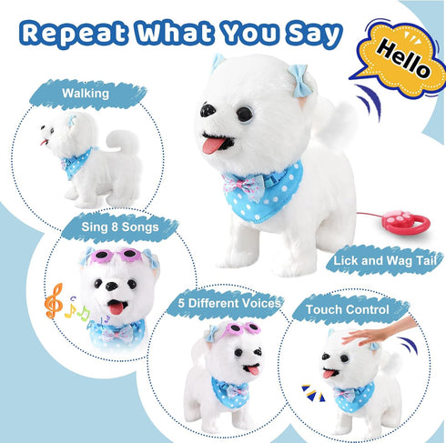 Ylpaprm Samoyed Walking Barking Toy Dog Puppy Toy for Girl Licking Doggy with Leash, Electric Talking Singing Tail Wag