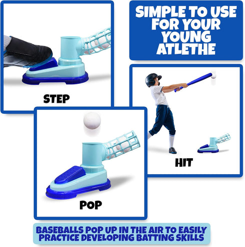 ArtCreativity Pop A Pitch Baseball Pitching Machine Toy for Kids, Collapsible Bat + 3 Baseballs, Outdoor Fun