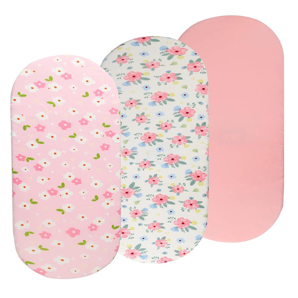 Onacosht Bassinet Sheets Set, 3 Pack for Baby Girl, Soft Jersey Knitted Fitted Sheets, Pink Floral