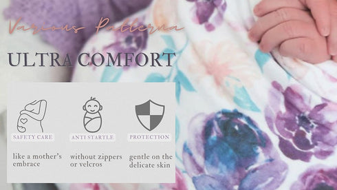 Newborn Floral Print Blanket Baby Stretch Wrap Swaddle Receiving Blanket with Matching Headband and Beanie (Purple