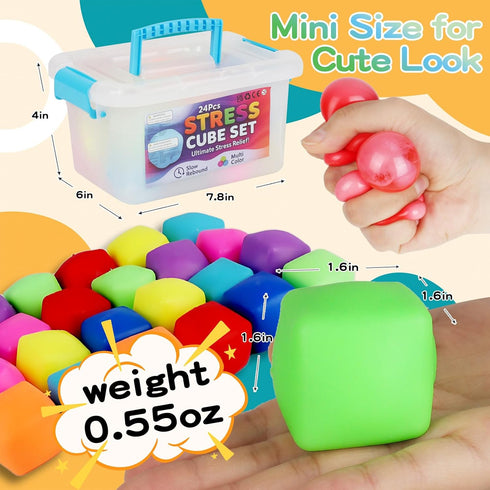 BitsFun 24Pack Mini Cubes Squishy Fidget Toys Squeeze Toys- Stress Cubes Mini Bulk Sensory Squishies Nice Ice Cube