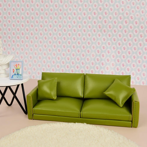Minamzee 1:12 Dollhouse Leather Couch, Miniature Modern Double Sofa with Pillows, Dollhouse Luxury Couch Furniture