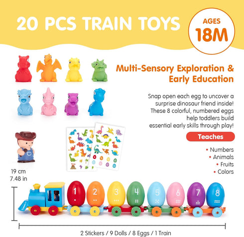 2-4, Set 8 Counting Eggs,2-3 hahaland Dinosaur Toys for Toddlers Montessori Learning Toy Matching Train with Dinosaurs