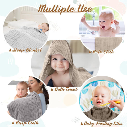 VitalCozy 8 (32 32 Inch,Neutral Pcs Baby Muslin Hooded Bath Towels and Washcloths Muslin Cotton Hooded Baby Towels