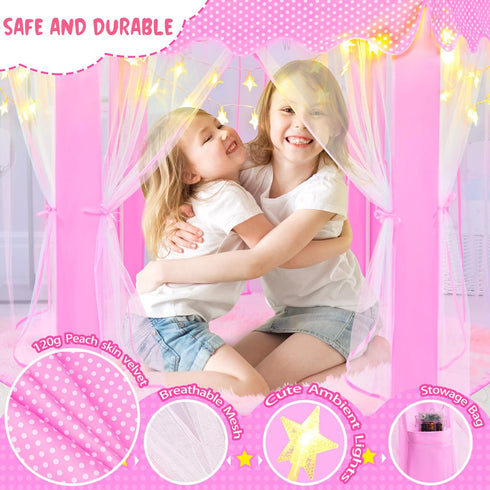 Pink Princess Tent for Girls, Kids Playhouse with LED Star Lights, Indoor Outdoor Castle Tent, 55×53 Inches