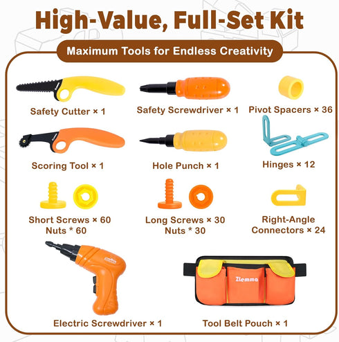 Set -258PCS, Kids Cardboard Construction Tool with Electric Drill & Tool Belt STEM Building Kit for Creative Craft