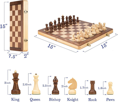 Lingle 15 Inch Travel Wooden Folding Chess Set w/ 3 Inch Kh Chess Pieces- Walnut & Maple Inlay Board Games
