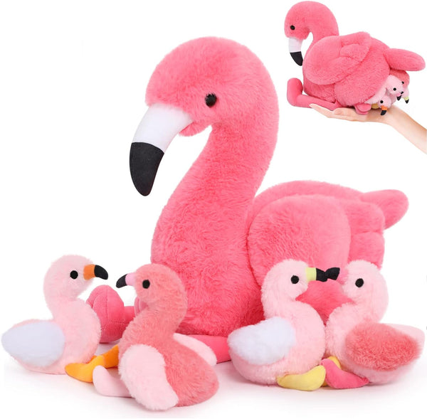 MorisMos Plush Flamingo Stuffed Animal-18 Inch Mommy Stuffed Flamingo with 4 Baby