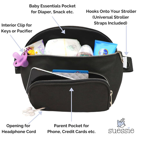Pack Suessie Fanny Diaper Bag - with Baby Changing Pad & Waterproof Wipes Pocket - Stroller Organizer Black
