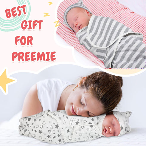 4 Pack Set 3-7 Lbs Buryeah Preemie Swaddle Blanket Wrap with Hat for Baby Boys Girls Preemie Newborn Clothes Sleepers
