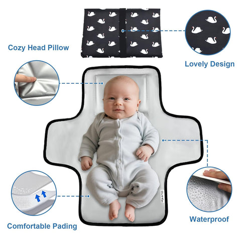 Cute Swan Portable Diaper Changing Mat,Waterproof Foldable Travel Changing Pad,On-The-Go Wipeable Reusable Changing Pad