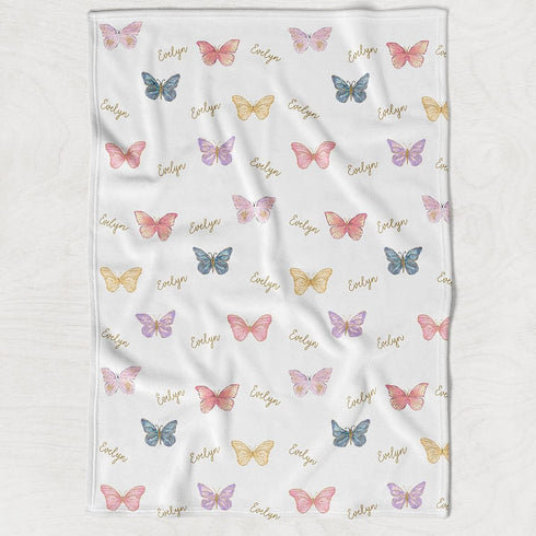 Stork Wares Rainbow Butterfly Personalized Baby Girl Swaddle Blanket