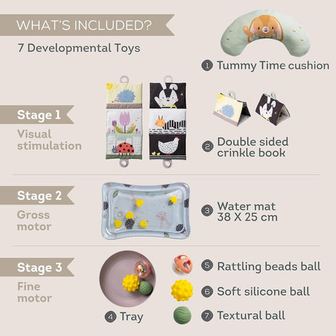Tummy Set Taf Toys Baby Time Kit - High Contrast Black and White Crinkle Book, Support Pillow, Activity Water Mat