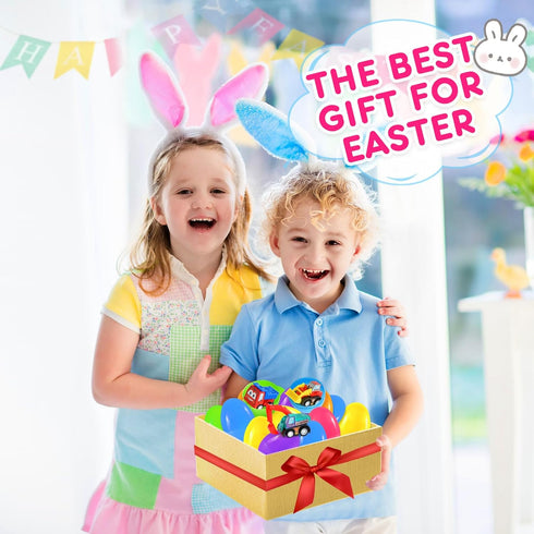 12 Prefilled Easter Eggs with Pull-Back Engineering Car Toys, Pcs Colorful Surprise Eggs with Construction Truck Gifts