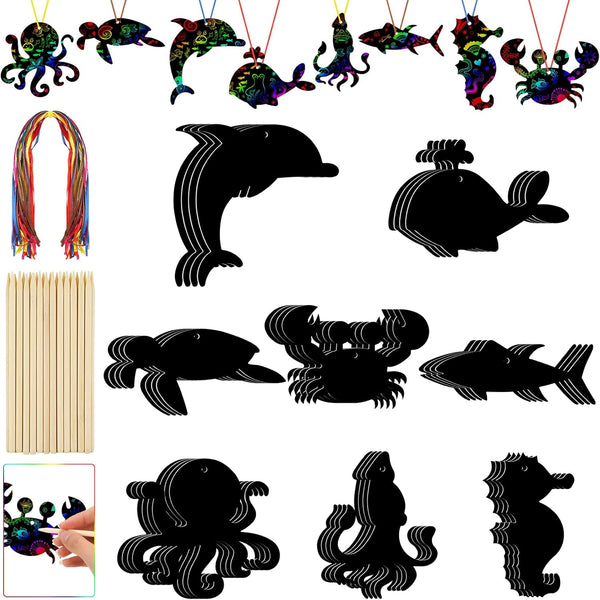 64 Pcs Sea Theme DIY Scratch Cards Set, Birthday Party Supplies Favor, Rainbow Color Scratch Art with Wooden Styluses