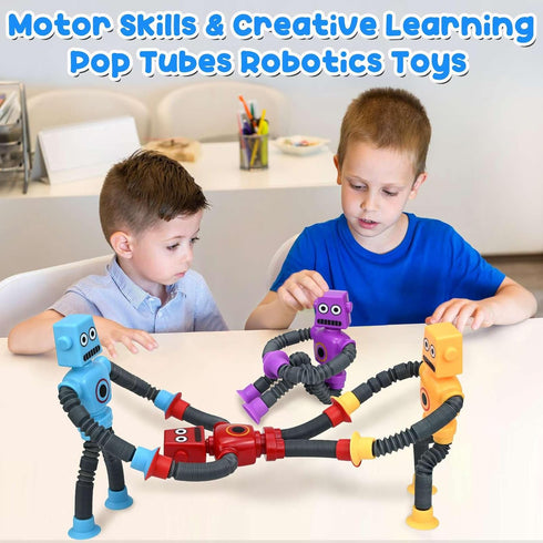 Pop Tubes Robot Fidget Toys (4 Pack), Telescopic Suction Cup Robotics Toy, Toddler Fine Motor Skills & Creative Learning, Autism Sensory Toys for Kids Age 3-6, Party Favors Boy Girl Gifts