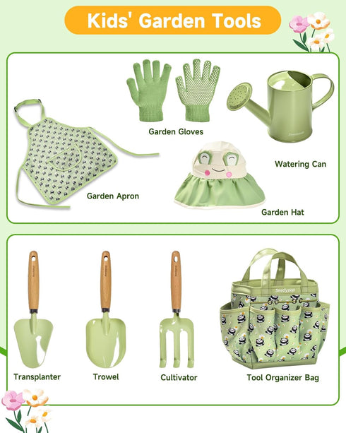 Set 8Pc Handmade Kids Gardening Tools - Artisan Garden Kit with Real Wood Handles, Metal Heads, Frog Hat, Panda Apron