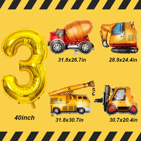 Tagberoy 3 40Inch 3 3rd Construction Birthday Party Supplies Year Old, Large Construction Balloons Gold Number Balloon