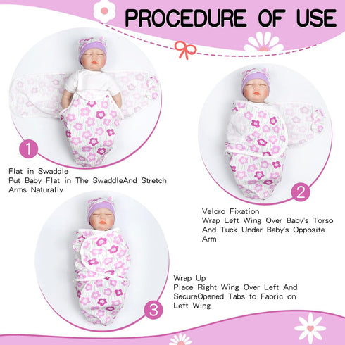 17-22 Inch 2 Reborn Baby Doll Swaddle Blanket Girl Purple Flowers Wrap Blanket Pcs - Swaddle Blanket + Hat, Reborn