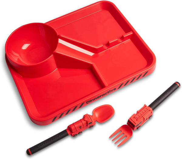 Dinneractive 3PC Dining Set for Kids - Red Firefighter Dinnerware - Fire Truck Utensils - Toddler Plates - Baby Dishes