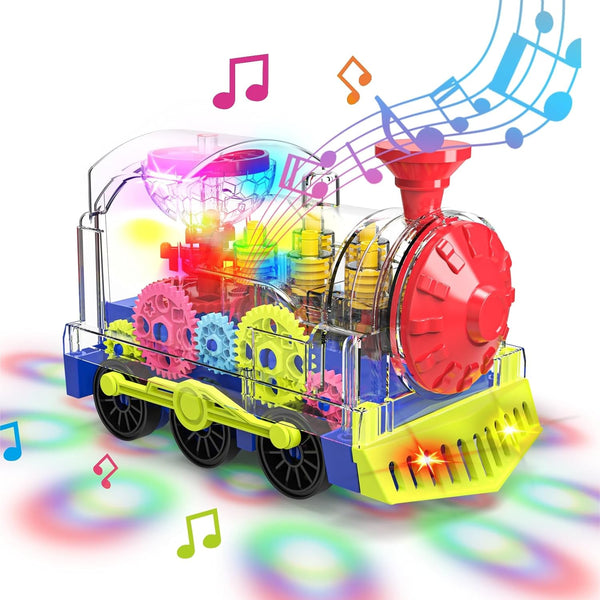 Kizeefun Light Up Train Toy for Toddlers: Educational Crawling Transparent Gear Car Toy with Cool Light and Music
