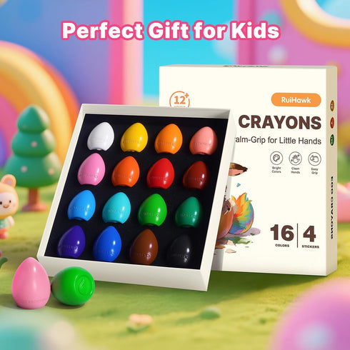 1-3, 16 1-3 Egg Crayons for Toddlers Colors Jumbo Easy-Grip Crayons with Anti-Roll Flat Bottom & Fruit Patterns