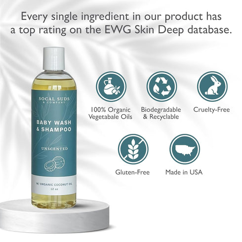 2-in-1 12oz SoCal Suds & Company Organic Baby Shampoo and Body Wash - Castile Soap, Hypoallergenic, Sensitive Skin