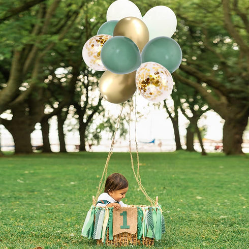 Green and Gold Party Balloons, 50 Pcs 12 Inch Retro Sage Green White Metallic Balloons with Gold Confetti for Wedding