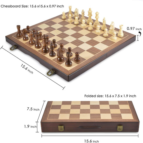AMEROUS Magnetic Wooden Chess and Checkers Game Set, 15 Inches, 2 Extra Queens, Gift Package