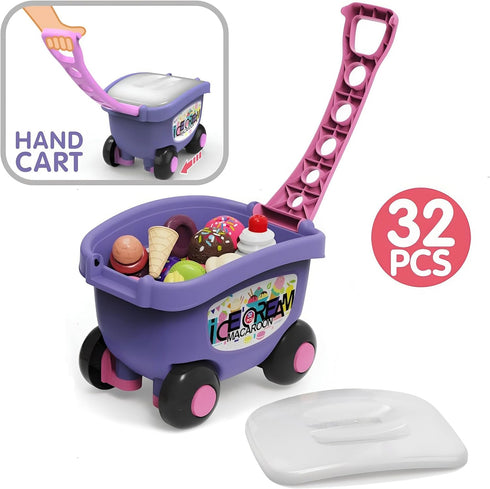 32 PCS Ice Cream Cart Toys for Toddlers - Pretend Play Food Scoop & Serve Macaroon Dessert Set