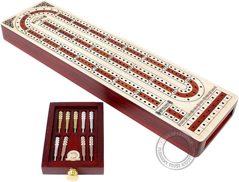 Continuous Cribbage Board with Alphabet e Shape Inlaid in Maple and Bloodwood, 12.4" - 3 Tracks, Storage Drawer for