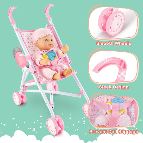 deAO Baby Doll Stroller Set with 13" Doll, 18 PCS Accessories, Foldable Stroller, Kids Play Toys
