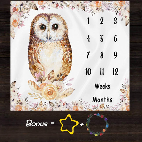 Owl Baby Monthly Milestone Blanket, 48x40in Soft Flannel, Flower Watercolor Backgrounds, Newborn Mom Gifts, Baby Shower Age Growth Tracker with Bonus Maker BTLSFS33 by F-FUN SOUL