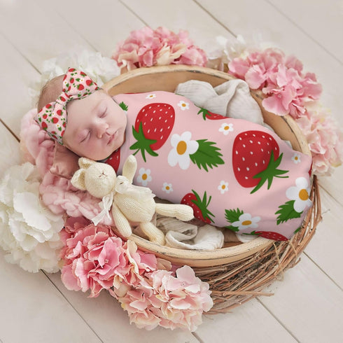 Midaivu Set 0-6 Cartoon Strawberry Swaddle Blanket for Newborns Baby Swaddle with Headband and Matching Hat New Born