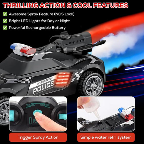 Remote Control Police Car Toy with Smoke Effect & LED Lights, Fast Rechargeable RC Car for Kids, Anti-Slip Rubber