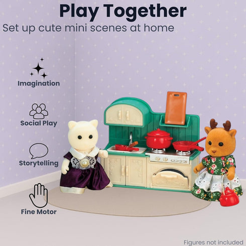 Set 3+ Family Dollhouse Kitchen Miniature Stove, Sink & Oven with Frying Pan, Saucepan, Kettle, Utensils & Cutting