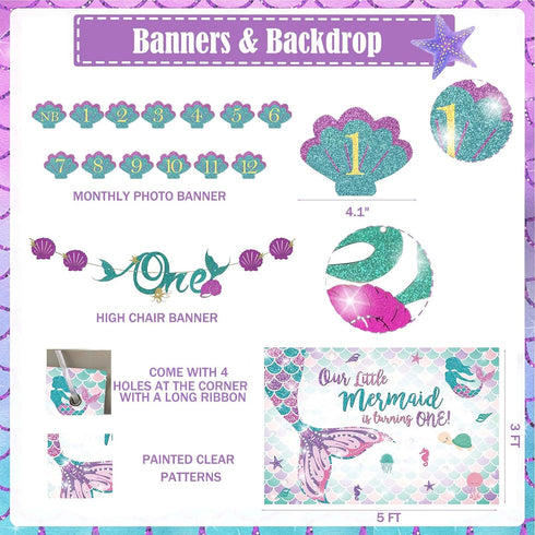 Fiesec 1 1st 114 Mermaid Birthday Decorations Year Old Girl, Mermaid Party Decorations Backdrop Balloon Garland Monthly