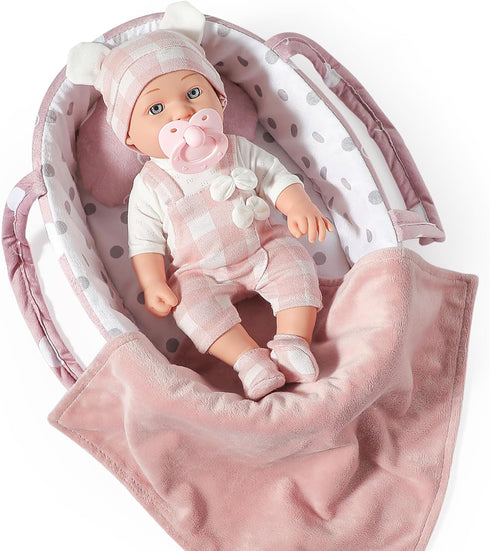 eDollable 12 Inches Set 3+ Baby Doll Toys with Accessories, Includes Doll Carrier Bassinet Bed, Pacifier and Blanket