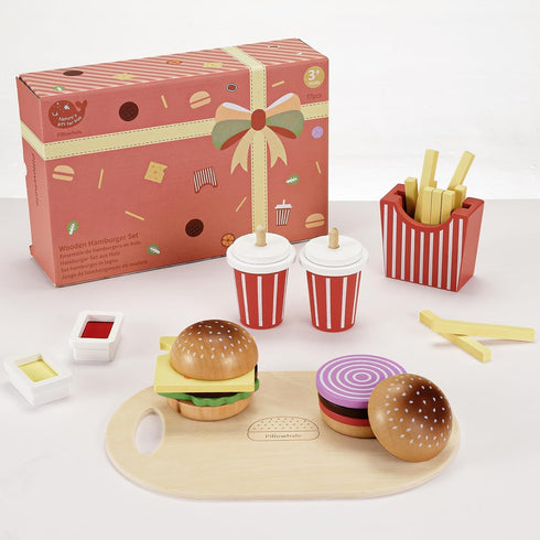 Set 26 3+, 3-8 Pillowhale Wooden Play Food for Kids - Pcs Hamburger Pretend Play Food with Fries & Drinks, Montessori