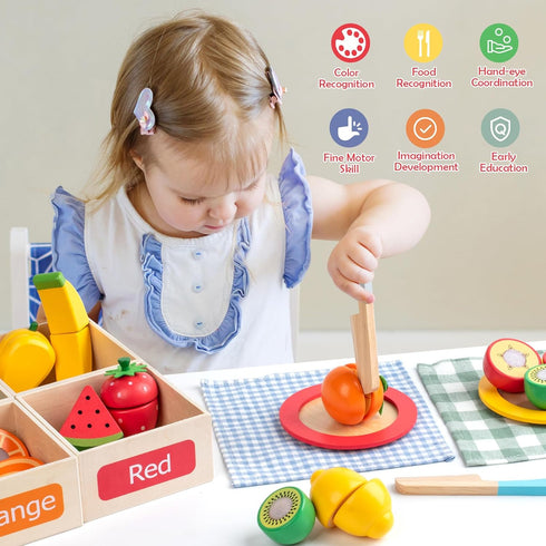 Sets Set Wooden Play Food for Kids Kitchen Accessories, Velcro Fruit and Veggies Cutting for Kids, Pretend Play Food