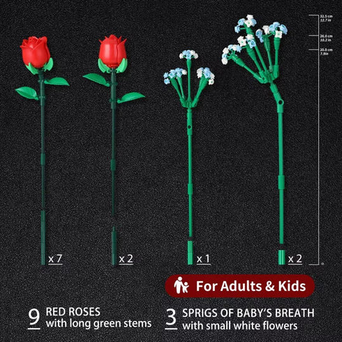 SMIDOLE Set 648pcs Red Rose Bouquet Building - DIY Mini Block Kits for Adults & Kids, Artificial Flowers for Home