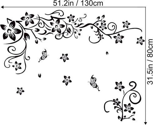 LiveGallery Removable Black Vinyl Flowers Wall Decals, DIY Flower Vines and Butterfly Stickers for Home Decor
