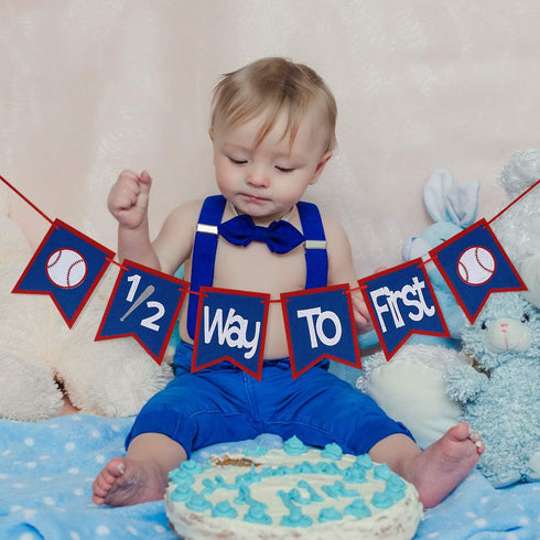Felt Half Way To First Baseball Banner, Decorations for Half Birthday Party