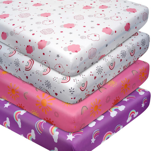 4 Pack Sun & Rainbows Crib Sheets Girl, Breathable Soft Microfiber Fitted