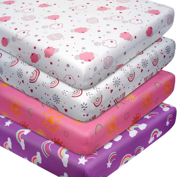4 Pack Sun & Rainbows Crib Sheets Girl, Breathable Soft Microfiber Fitted