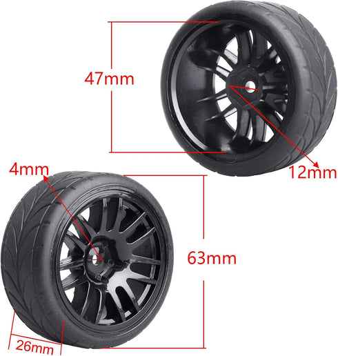 HobbyPark Glued 1/10 On-Road RC Touring Tires and Wheels Set for 1/18 Traxxas Latrax Teton 4 Tec 2.0 3.0 Tamiya TT02 TT01 Brushless (4-Pack) (Color A)